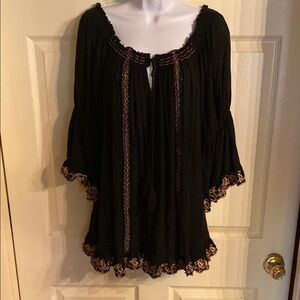 Black Embroidered Peasant Blouse with Gold Trim